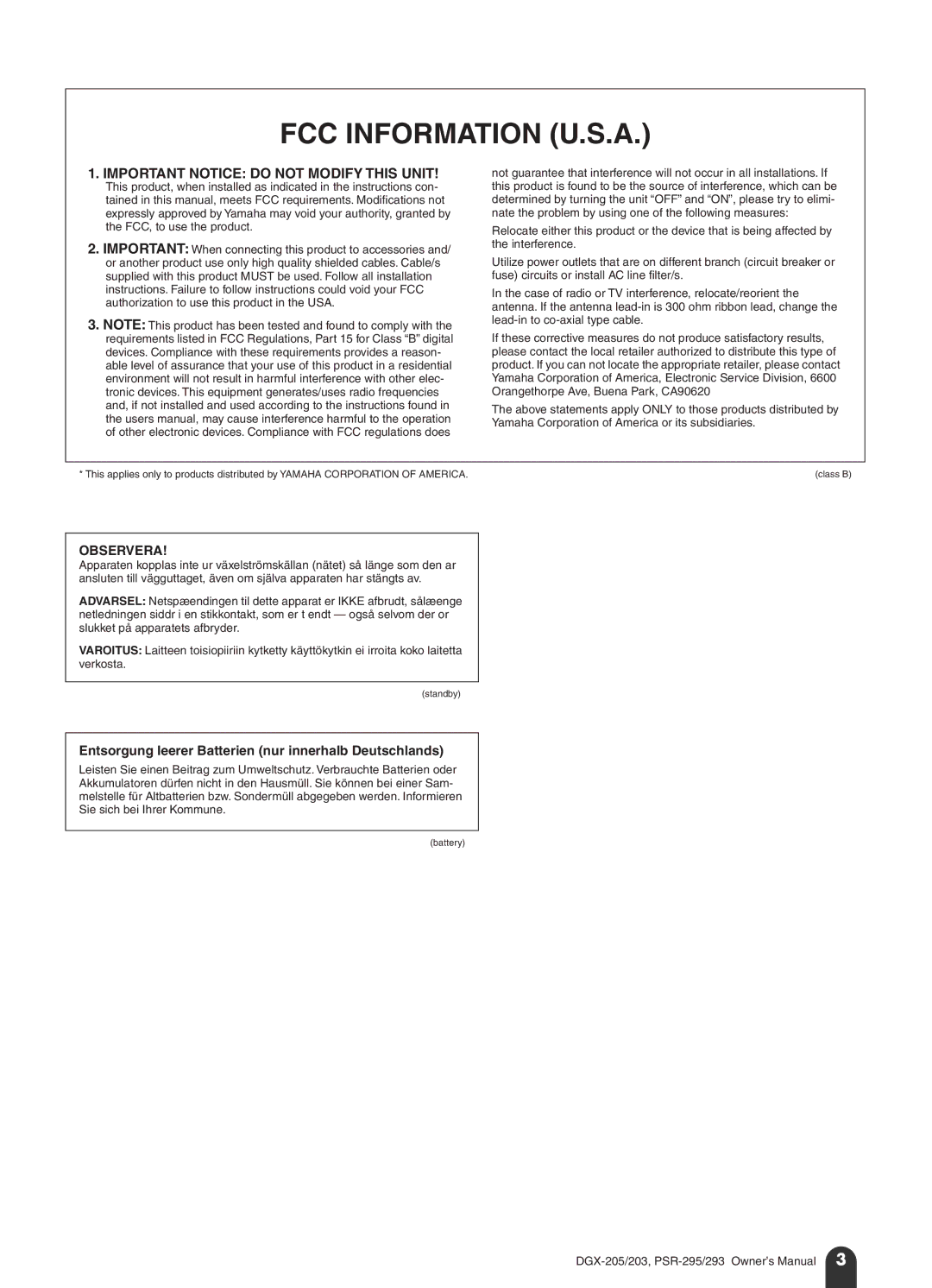 Yamaha PSR-295, PSR-293 owner manual FCC Information U.S.A, Lead-in to co-axial type cable 