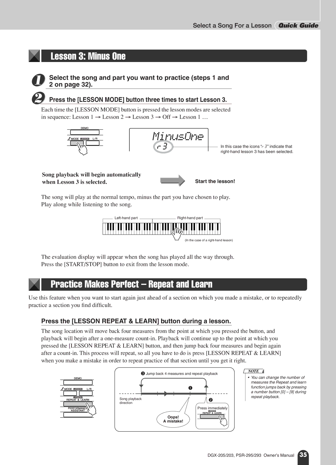 Yamaha PSR-295 MinusOne, Practice Makes Perfect Repeat and Learn, Press the Lesson Mode button three times to start Lesson 