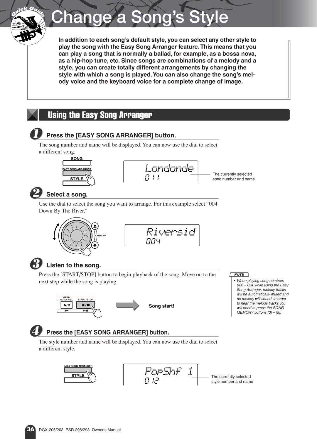 Yamaha PSR-293, PSR-295 owner manual Riversid, PopShf, Using the Easy Song Arranger, 004, 012 