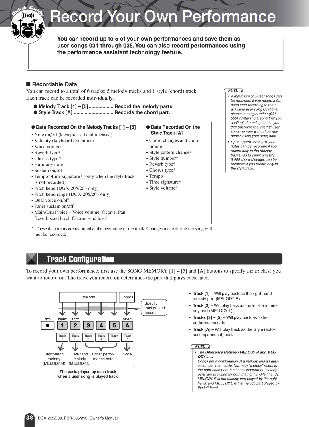 Yamaha PSR-293, PSR-295 owner manual Track Configuration, Melody Chords, Style, Specify tracks and record 