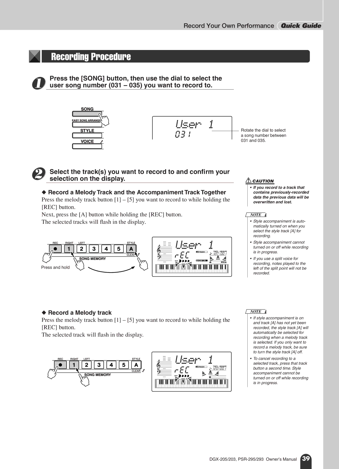 Yamaha PSR-295, PSR-293 owner manual User, Recording Procedure, Select the tracks you want to record to and conﬁrm your 