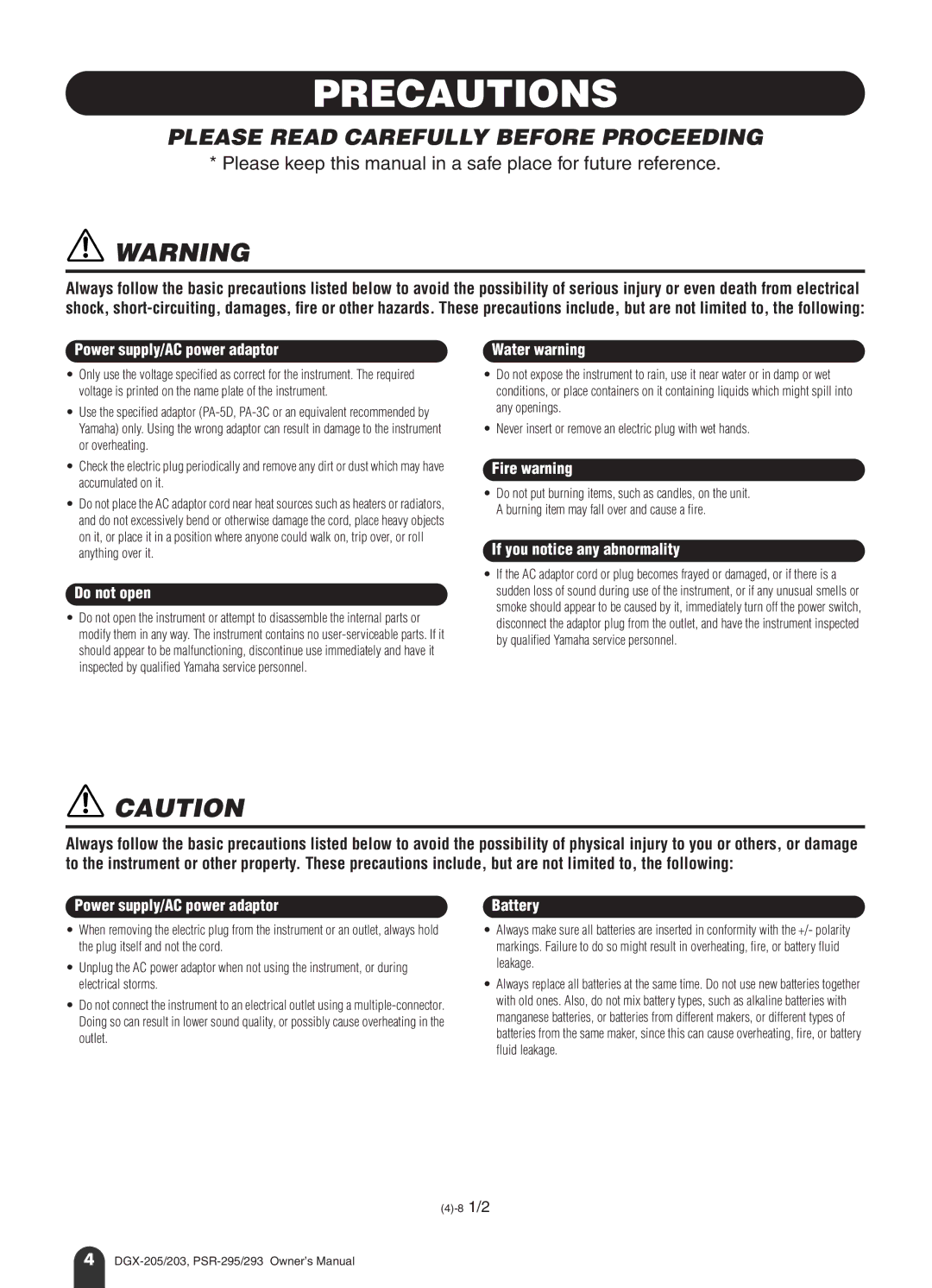 Yamaha PSR-293, PSR-295 owner manual Precautions 