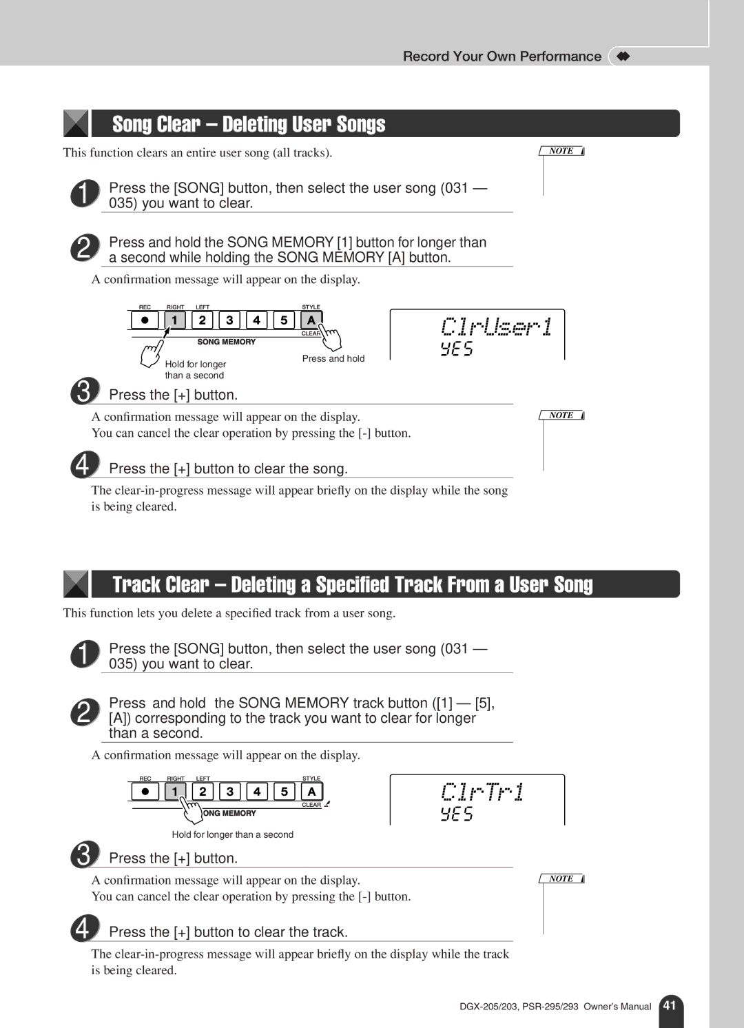 Yamaha PSR-295 ClrUser1, ClrTr1, Song Clear Deleting User Songs, Track Clear Deleting a Specified Track From a User Song 