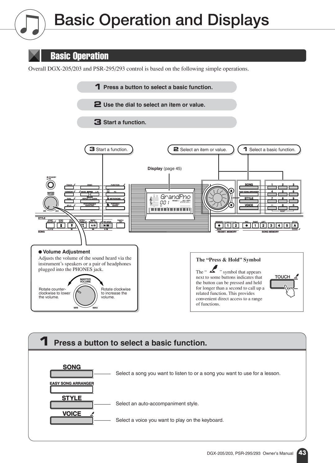 Yamaha PSR-295, PSR-293 owner manual Basic Operation and Displays 