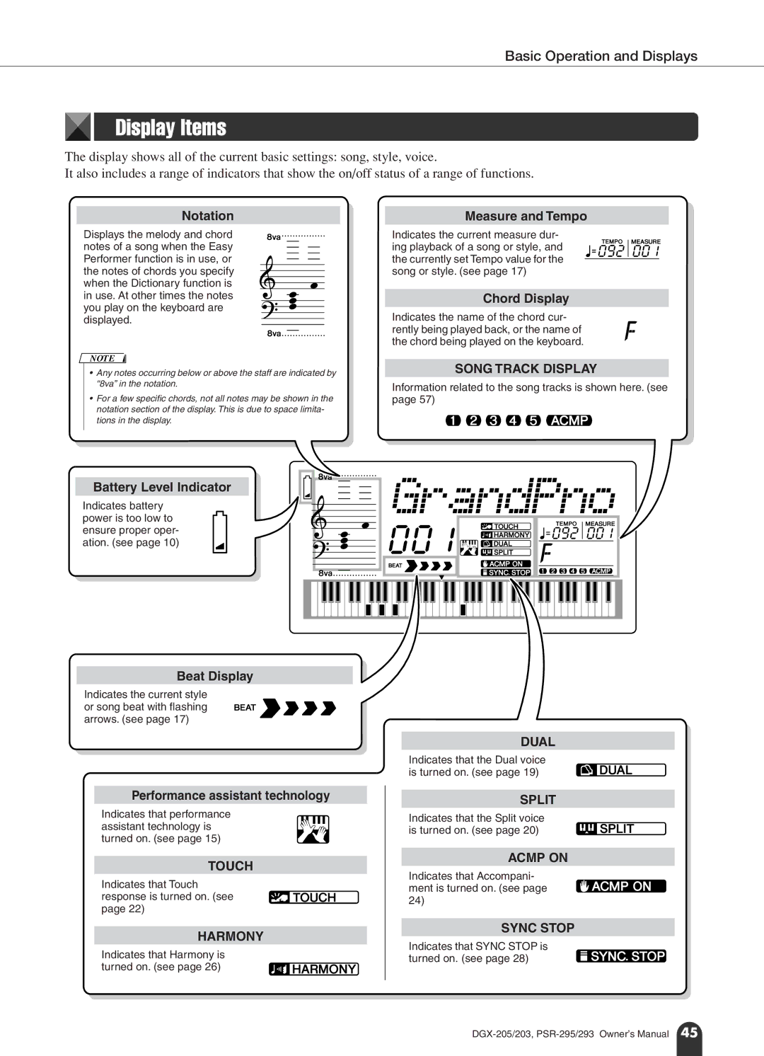 Yamaha PSR-295, PSR-293 owner manual Display Items 