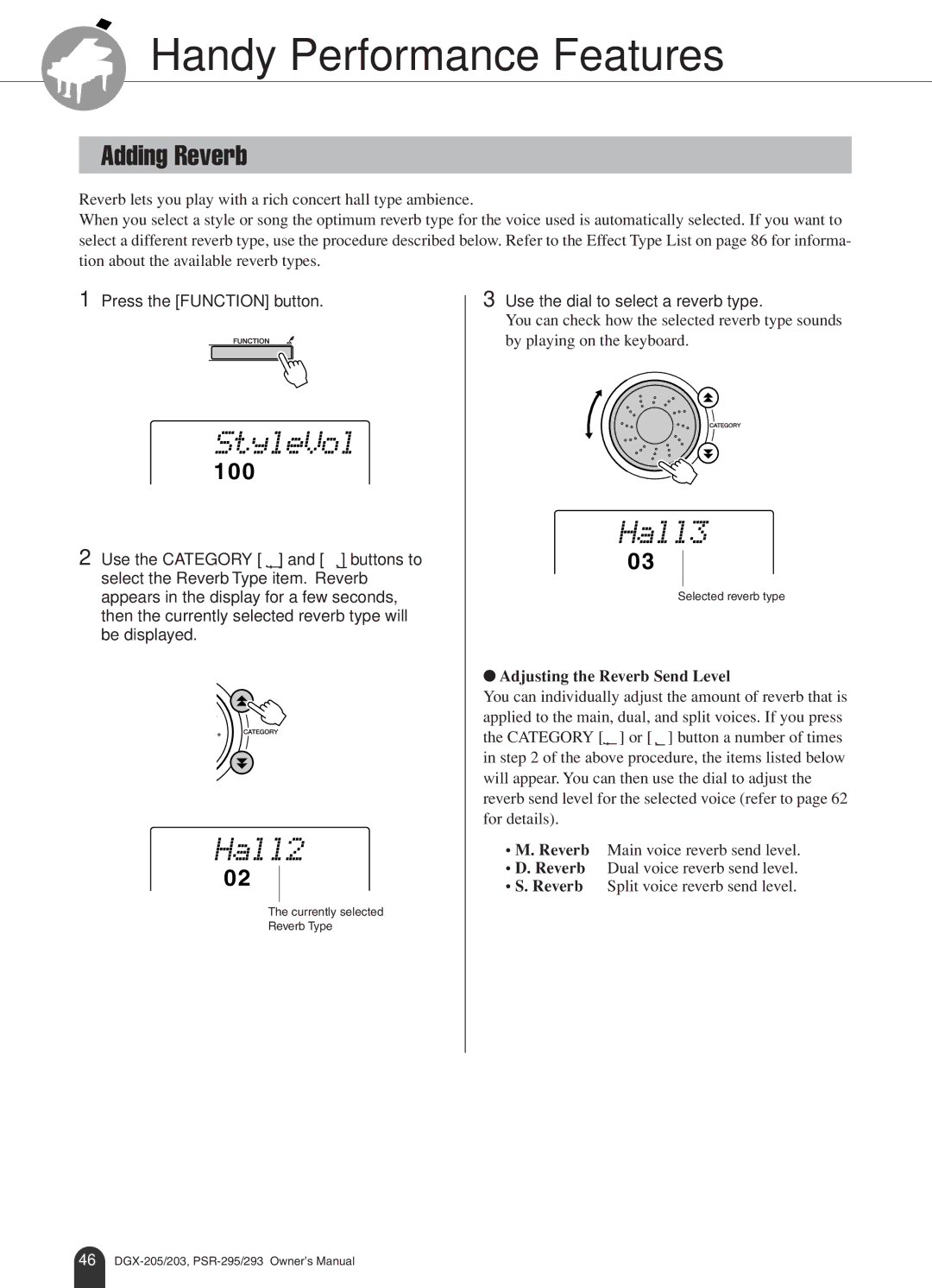 Yamaha PSR-293, PSR-295 owner manual Handy Performance Features, StyleVol, Hall2, Hall3, Adding Reverb 