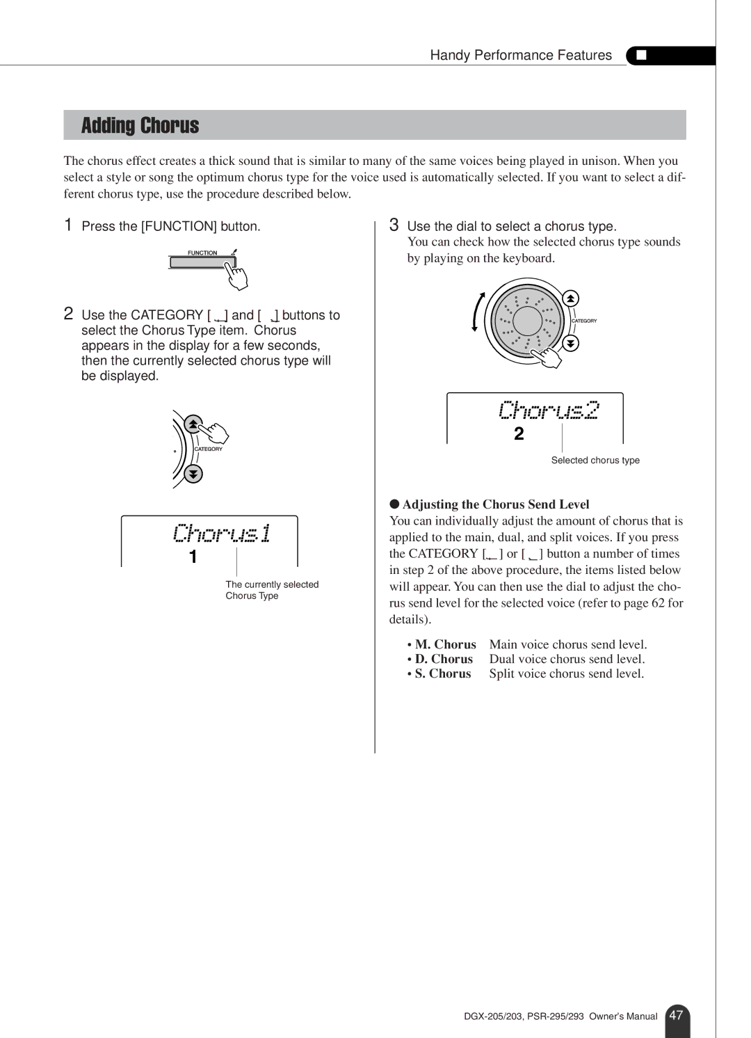 Yamaha PSR-295 Chorus1, Chorus2, Adding Chorus, Handy Performance Features Reference, Use the dial to select a chorus type 
