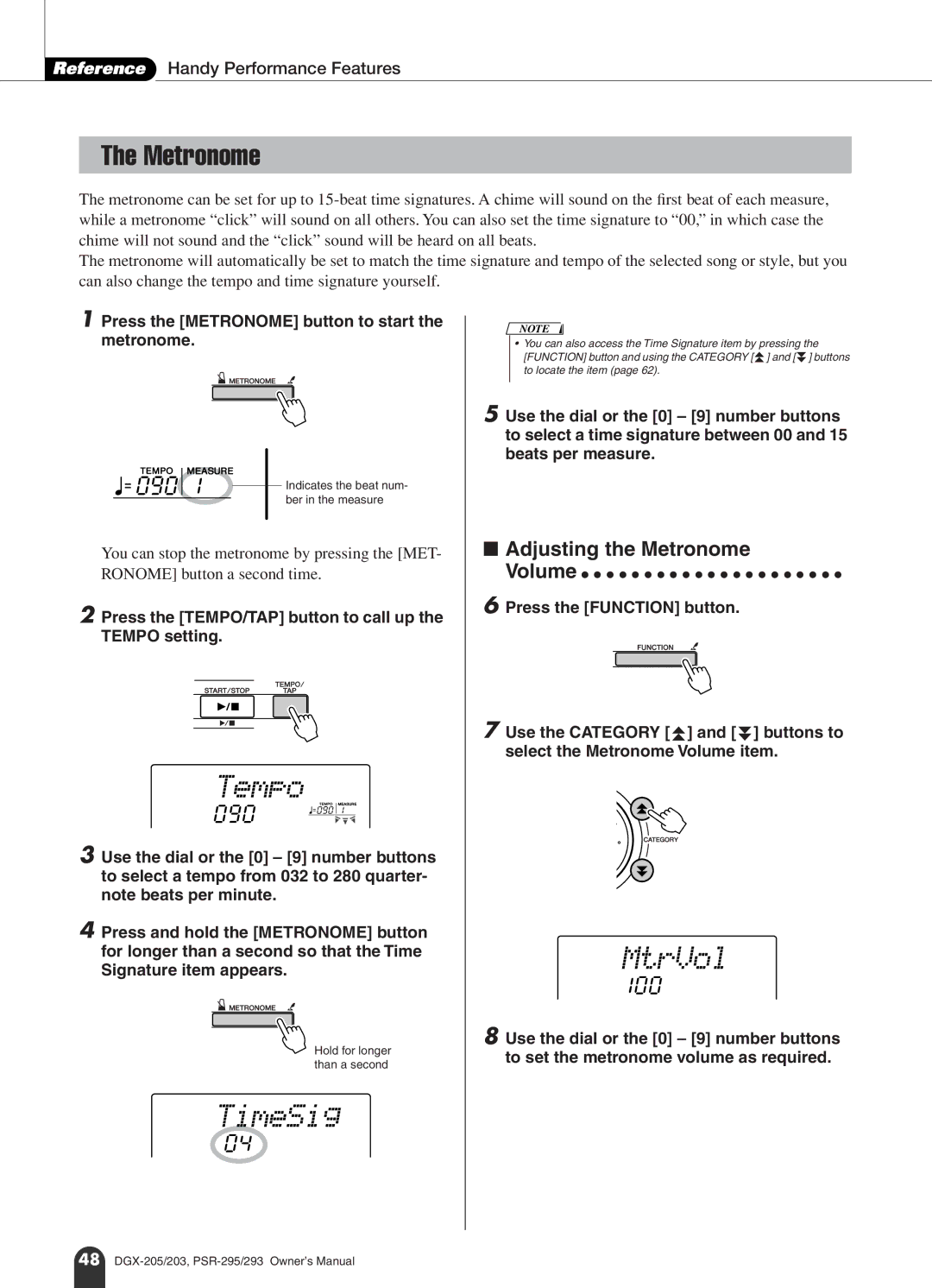 Yamaha PSR-293, PSR-295 owner manual TimeSig, MtrVol, Metronome, Reference Handy Performance Features 