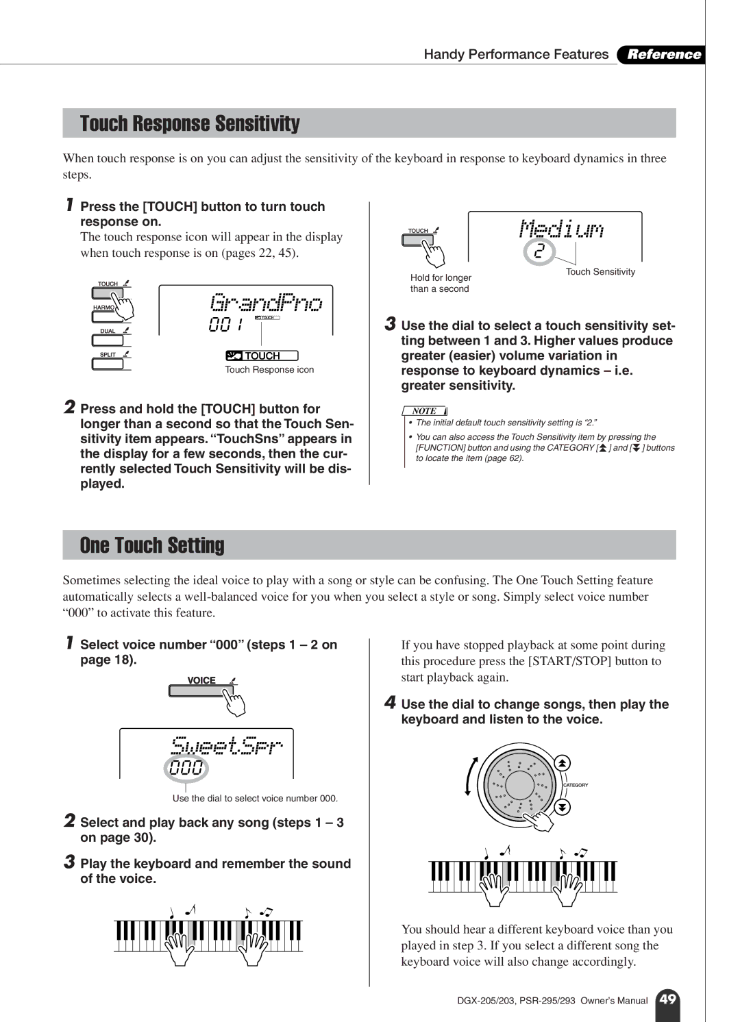 Yamaha PSR-295, PSR-293 owner manual Medium GrandPno, SweetSpr, Touch Response Sensitivity, One Touch Setting, 000 