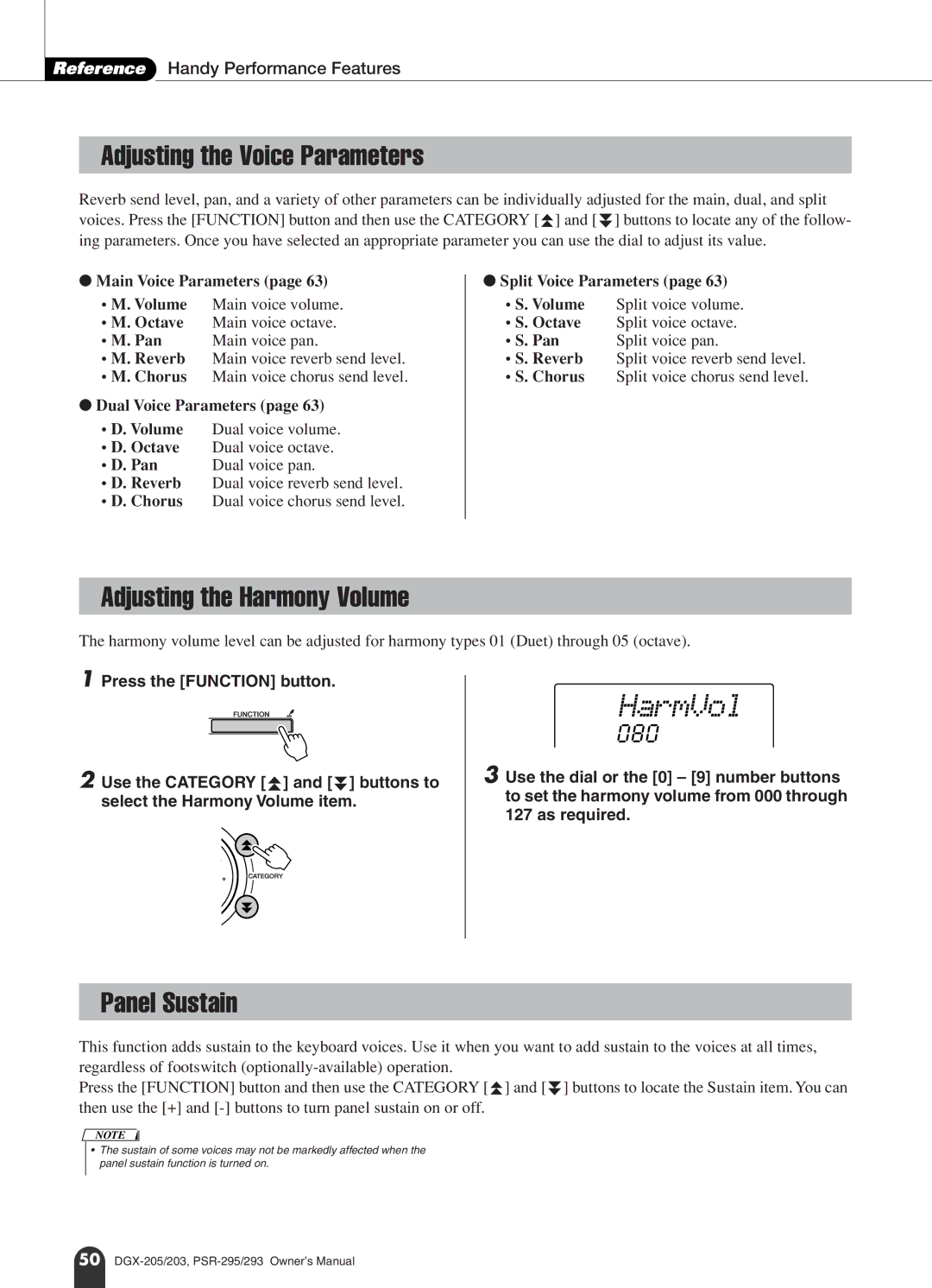 Yamaha PSR-293, PSR-295 owner manual HarmVol, Adjusting the Voice Parameters, Adjusting the Harmony Volume, Panel Sustain 