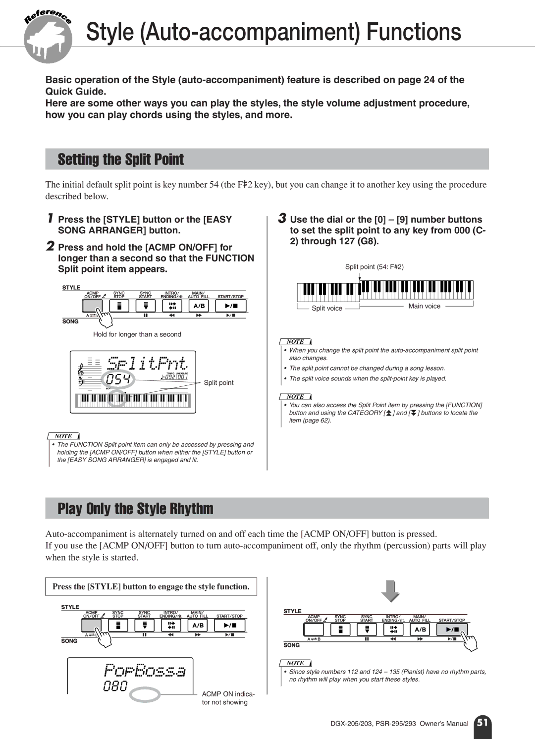 Yamaha PSR-295, PSR-293 owner manual Style Auto-accompaniment Functions, Setting the Split Point, Play Only the Style Rhythm 