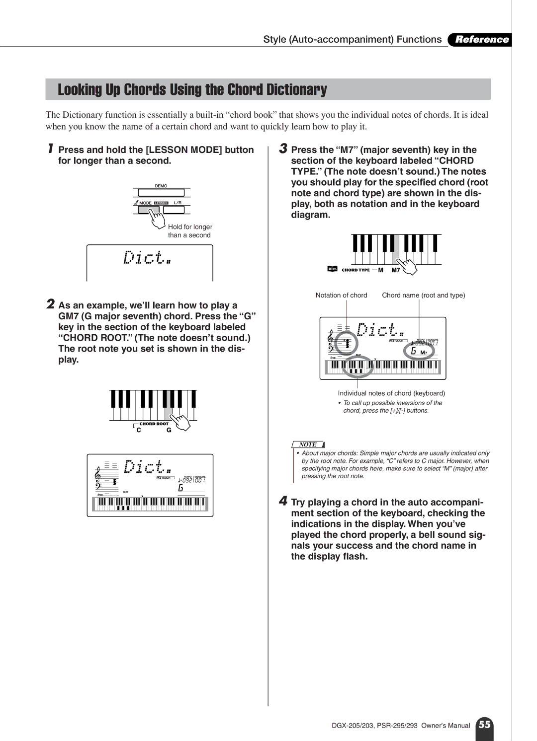 Yamaha PSR-295 Looking Up Chords Using the Chord Dictionary, Notation of chord, Individual notes of chord keyboard 