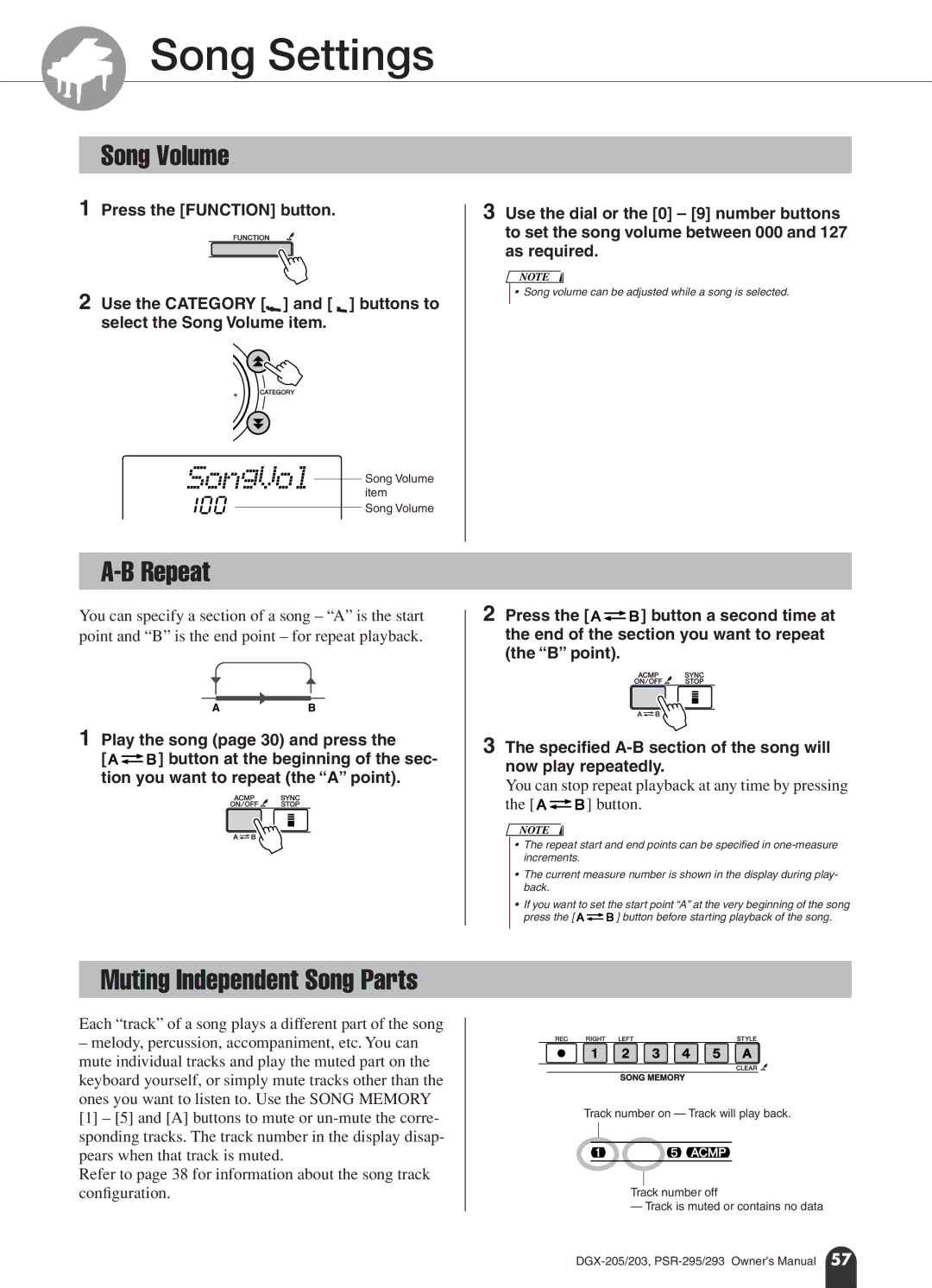 Yamaha PSR-295, PSR-293 owner manual SongVol, Song Volume, Repeat, Muting Independent Song Parts 