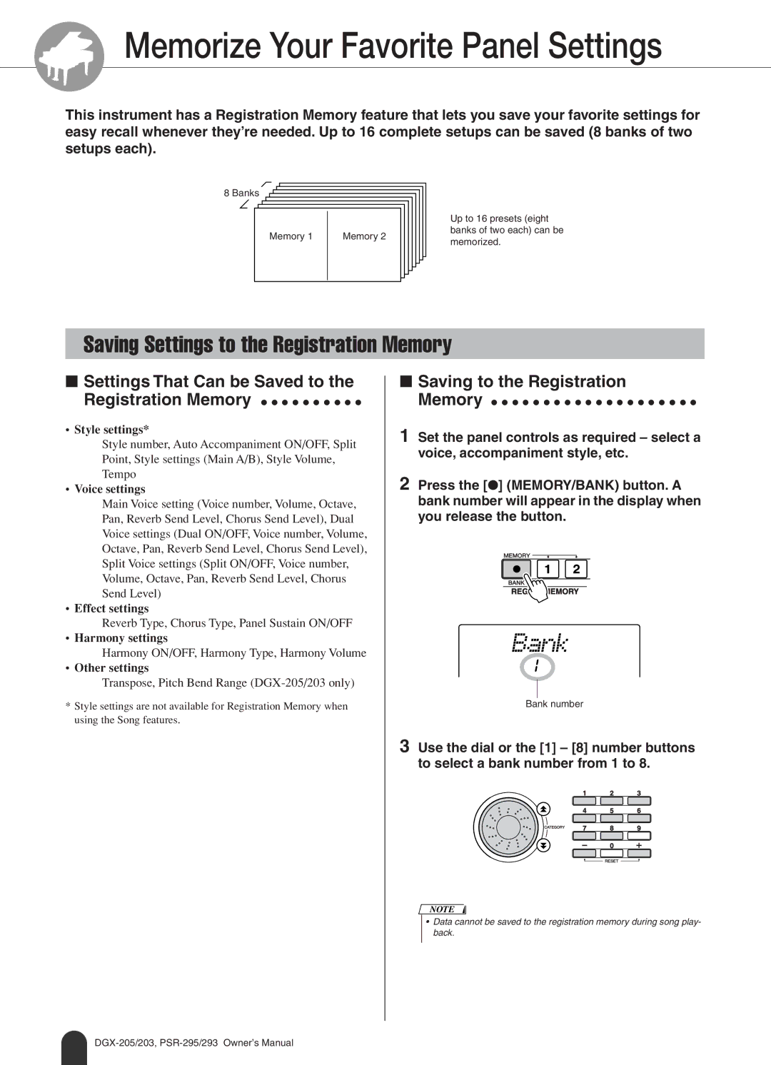 Yamaha PSR-293, PSR-295 Memorize Your Favorite Panel Settings, Saving Settings to the Registration Memory, Bank number 