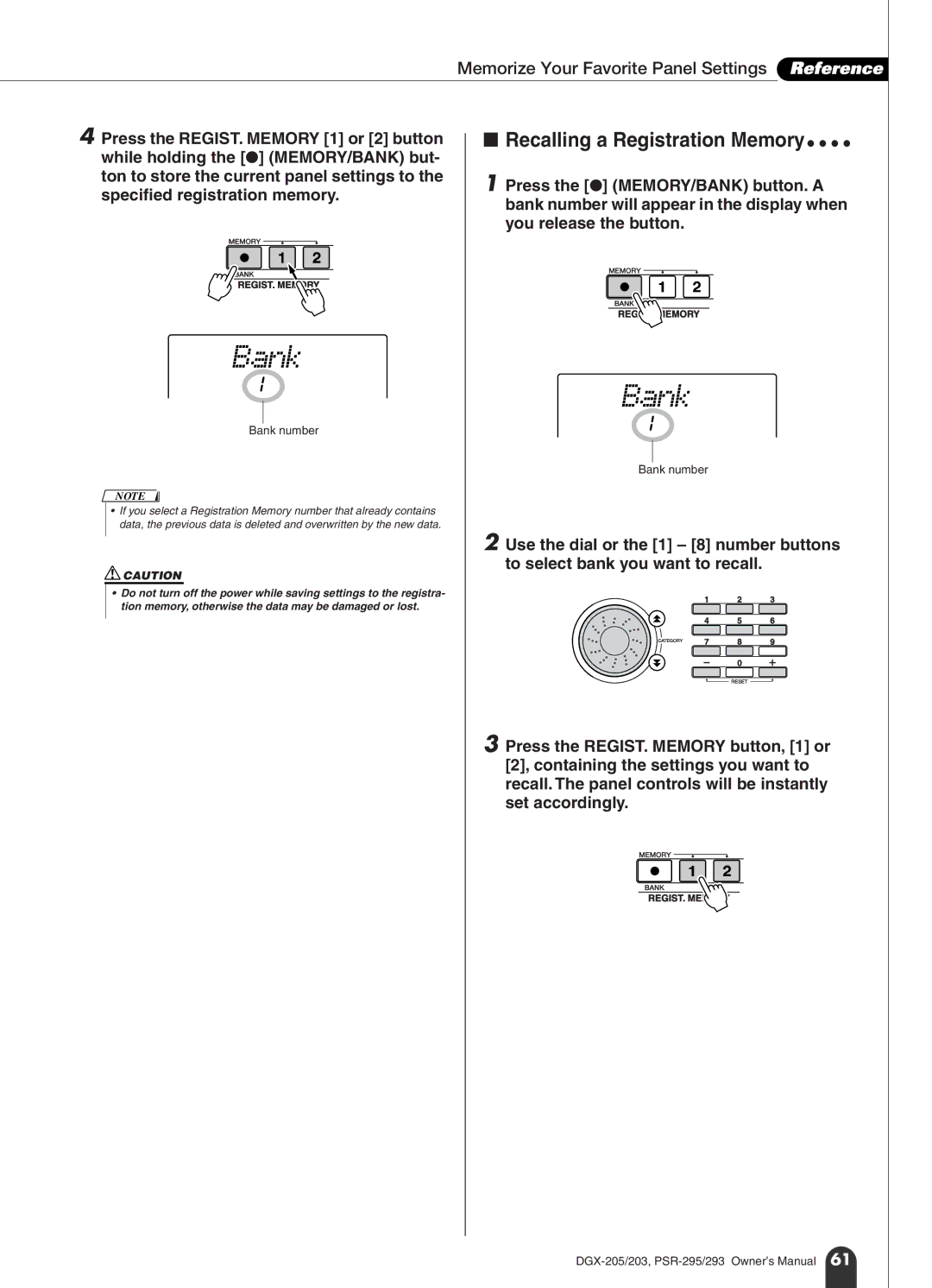 Yamaha PSR-295, PSR-293 owner manual Recalling a Registration Memory, Memorize Your Favorite Panel Settings Reference 