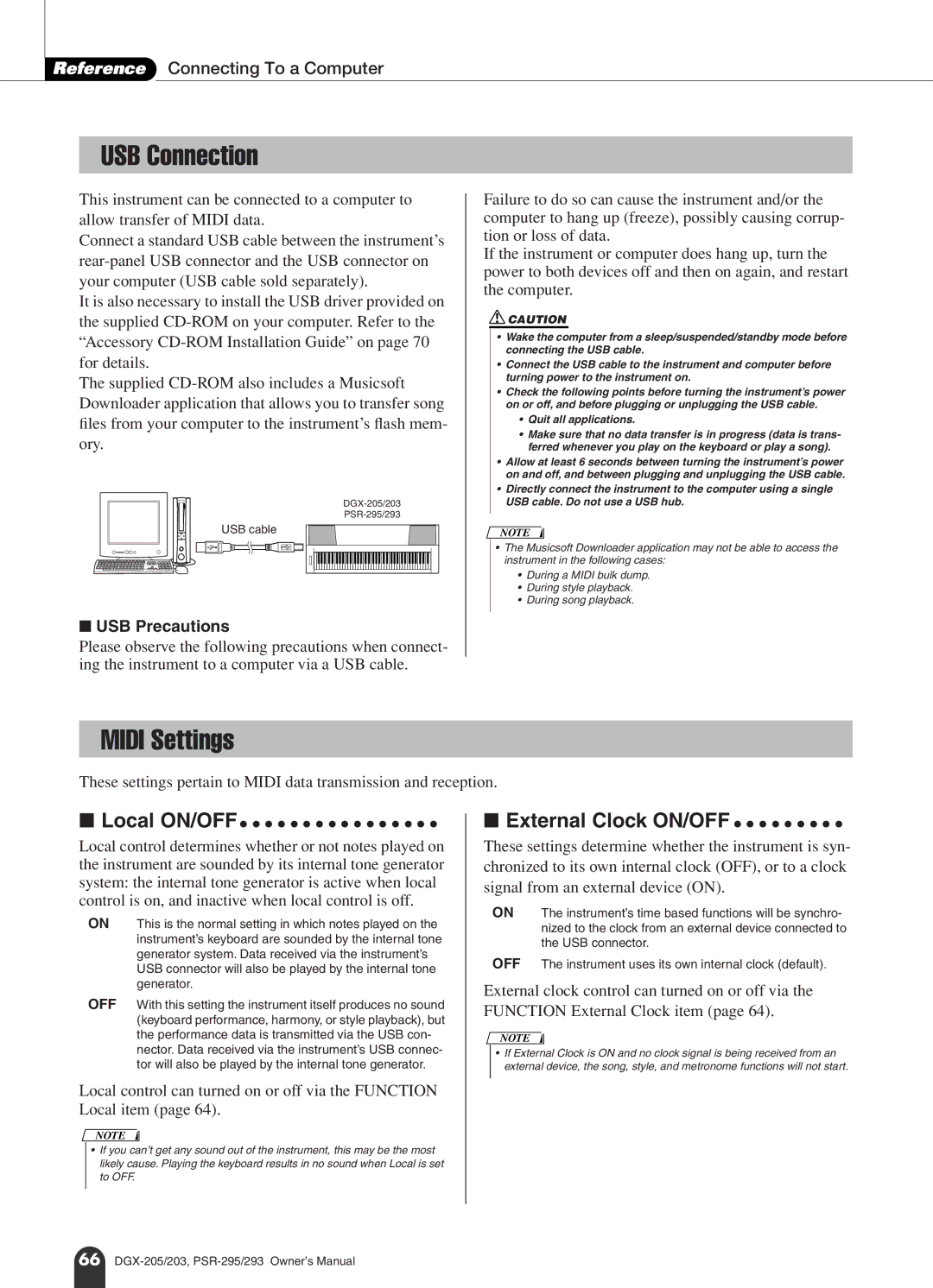 Yamaha PSR-293, PSR-295 USB Connection, Midi Settings, Reference Connecting To a Computer, USB Precautions, USB cable 