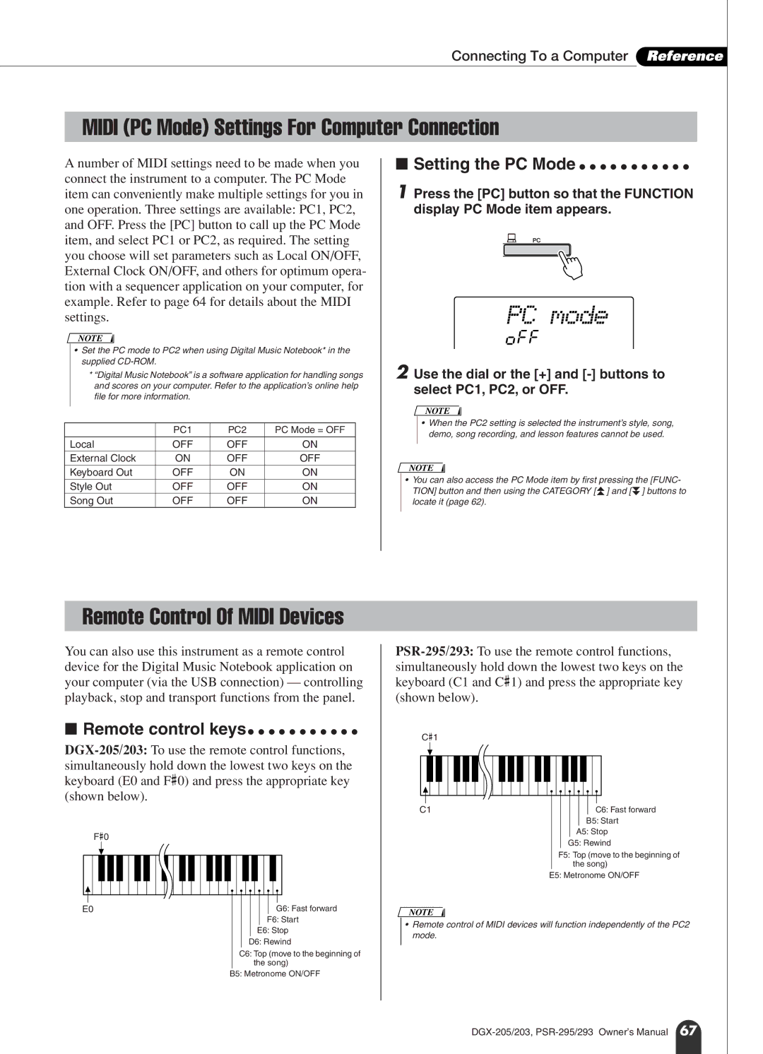 Yamaha PSR-295, PSR-293 PC mode, Midi PC Mode Settings For Computer Connection, Off, Connecting To a Computer Reference 