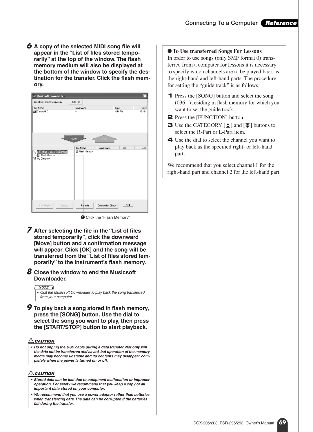 Yamaha PSR-295, PSR-293 owner manual Close the window to end the Musicsoft Downloader, Click the Flash Memory 