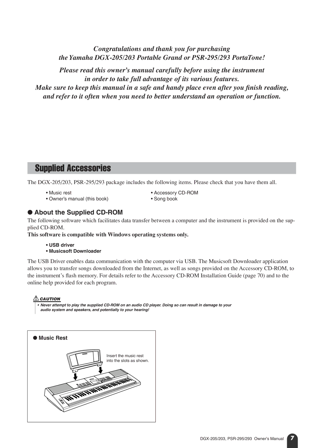 Yamaha PSR-295, PSR-293 owner manual Supplied Accessories, Music Rest, Insert the music rest 