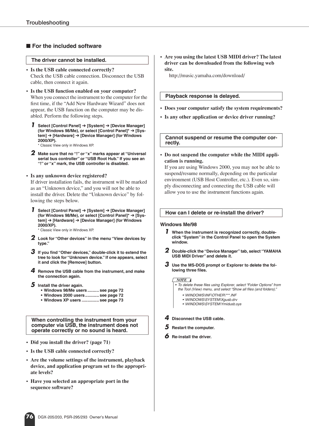 Yamaha PSR-293, PSR-295 owner manual Playback response is delayed, Cannot suspend or resume the computer cor- rectly 