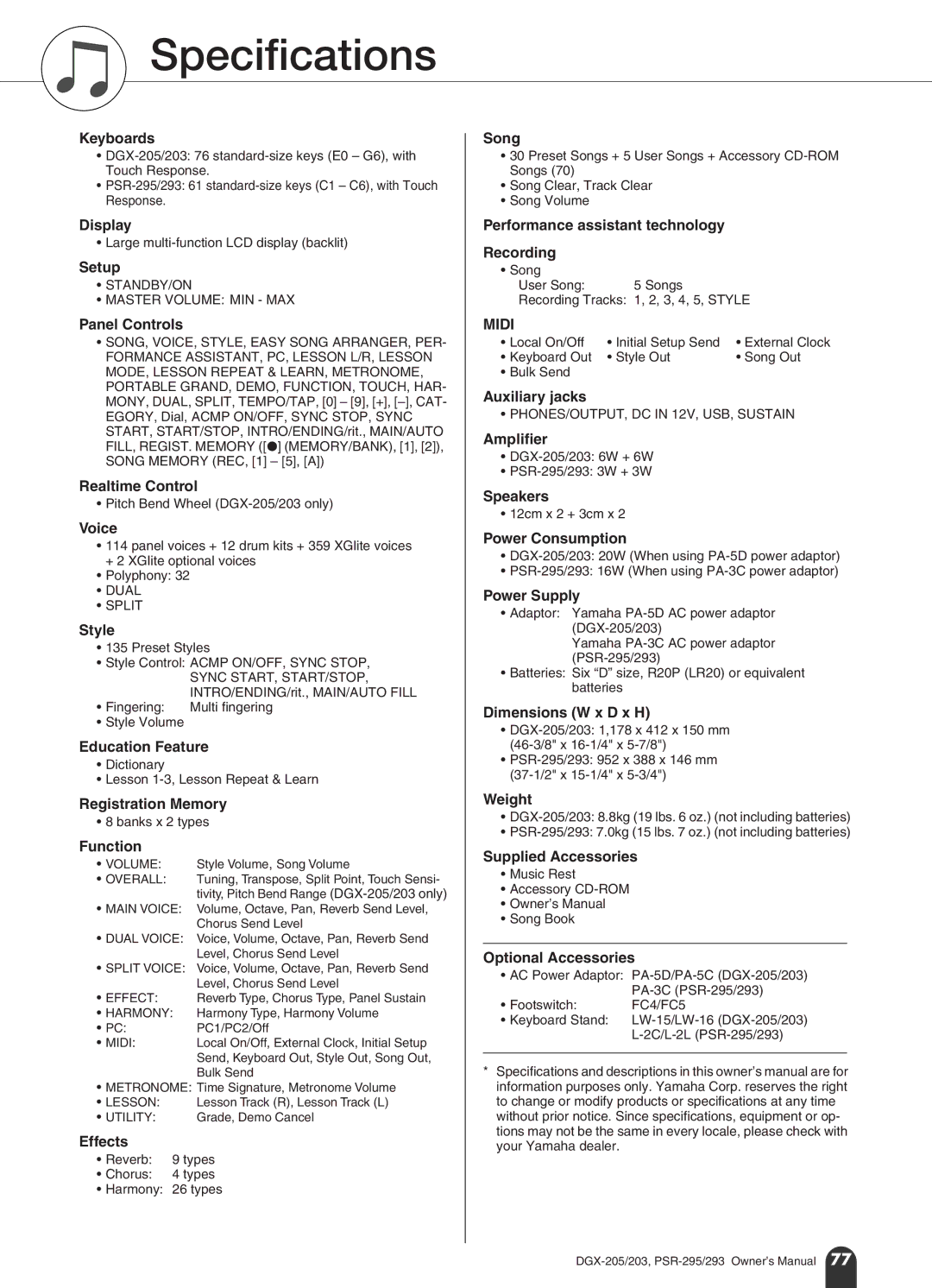 Yamaha PSR-295, PSR-293 owner manual Speciﬁcations 