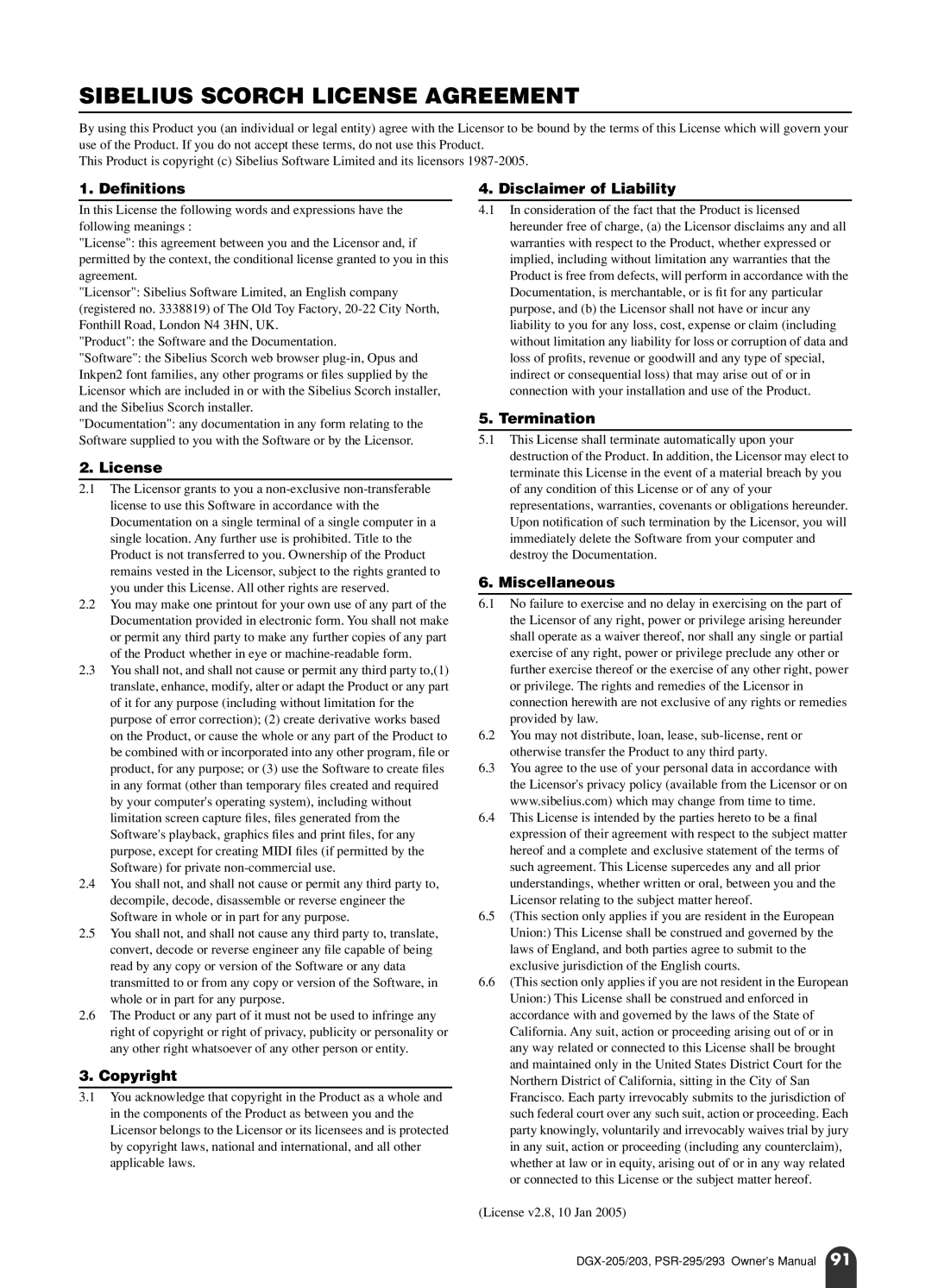 Yamaha PSR-295, PSR-293 owner manual Sibelius Scorch License Agreement 