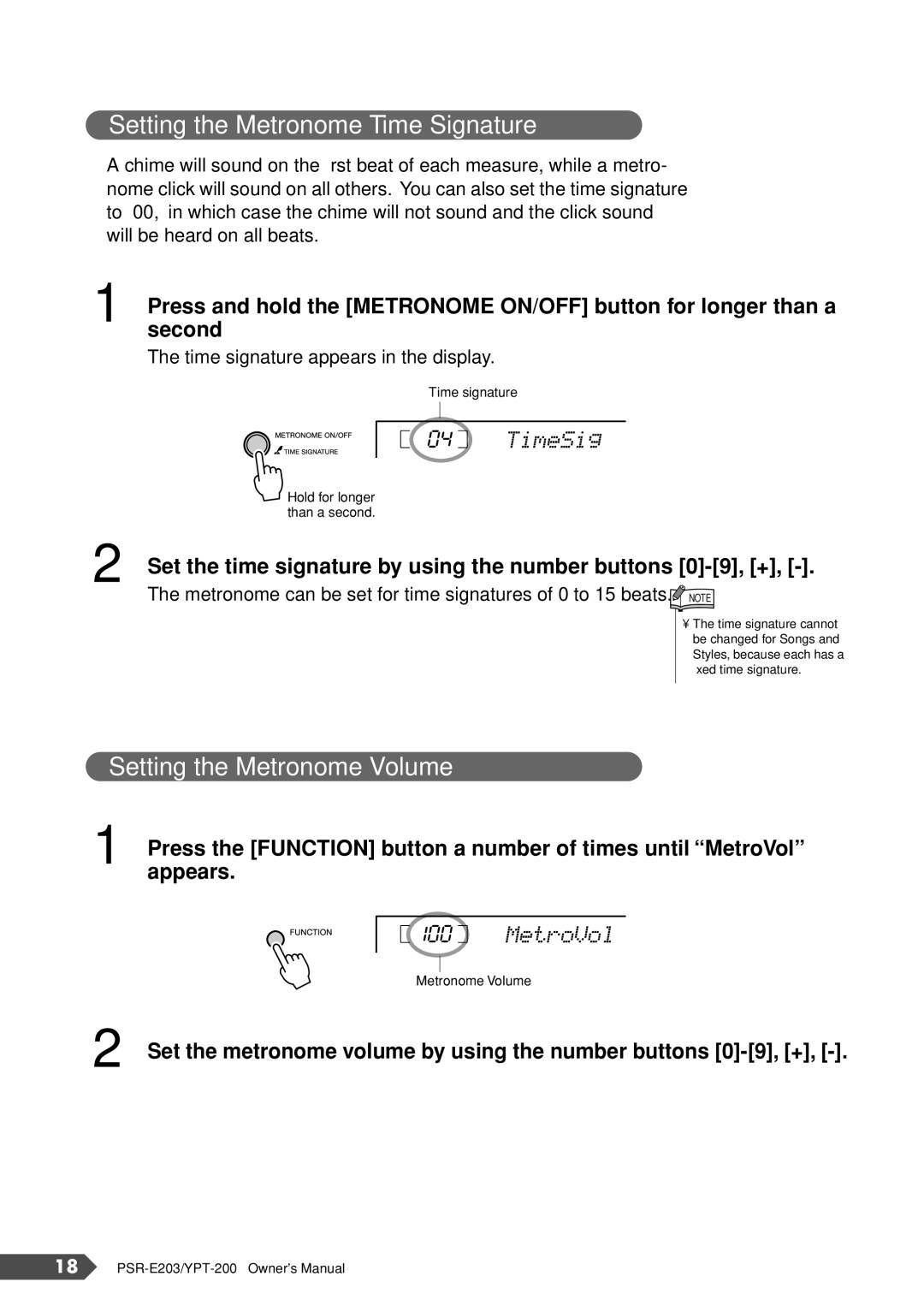 Yamaha PSR-E203, YPT-200 owner manual Set the time signature by using the number buttons 0-9, +, Appears 