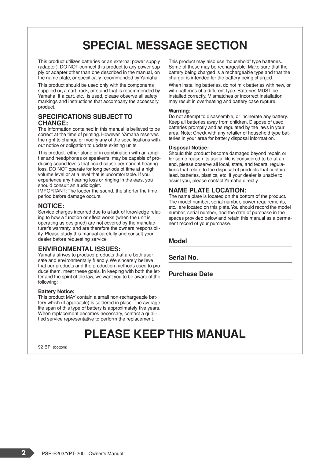 Yamaha PSR-E203, YPT-200 owner manual Please Keep this Manual 