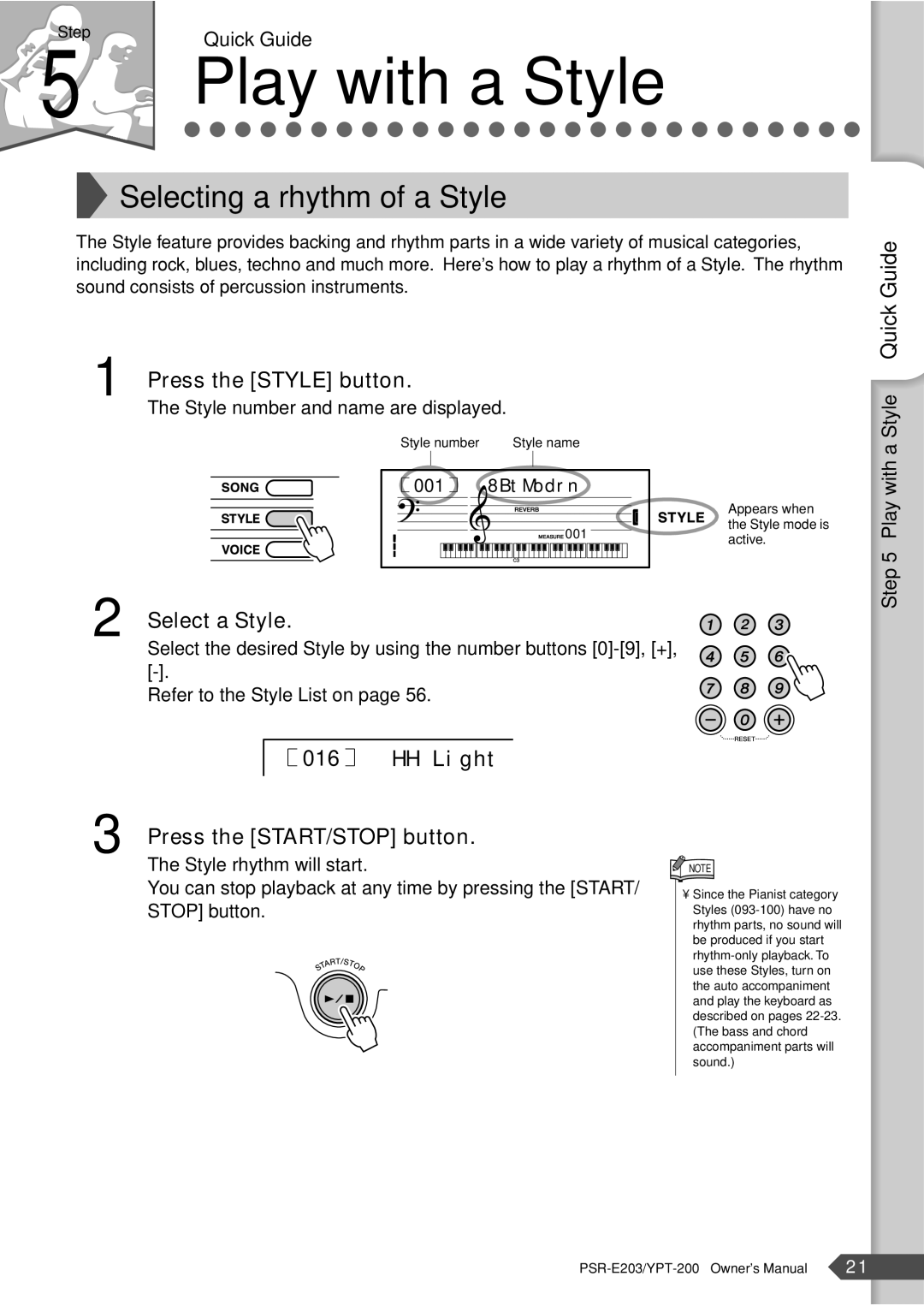 Yamaha YPT-200, PSR-E203 owner manual Quick Guide Press the Style button, Select a Style, HH Light 