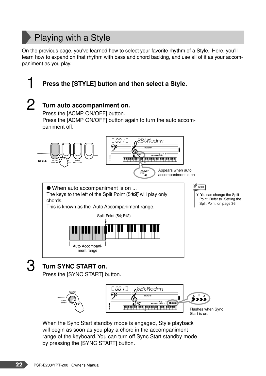 Yamaha PSR-E203, YPT-200 owner manual Playing with a Style, Turn Sync Start on 