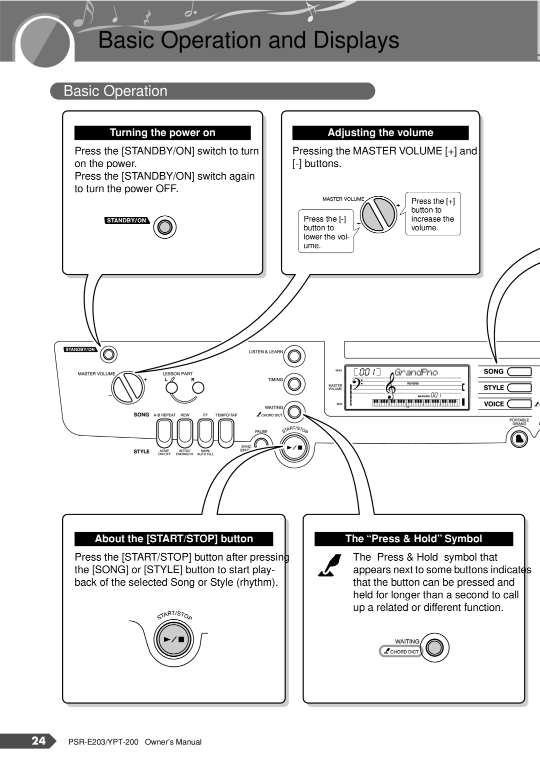 Yamaha PSR-E203, YPT-200 owner manual Basic Operation and Displays 