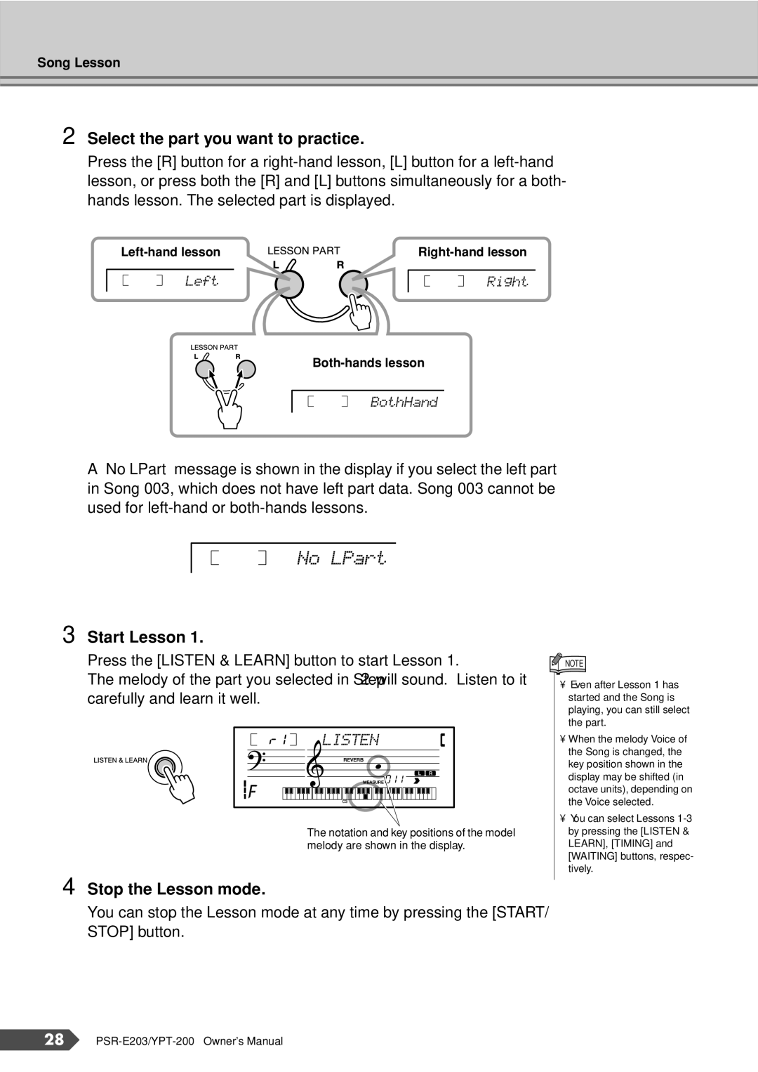 Yamaha PSR-E203, YPT-200 owner manual No LPart, Select the part you want to practice, Start Lesson, Stop the Lesson mode 