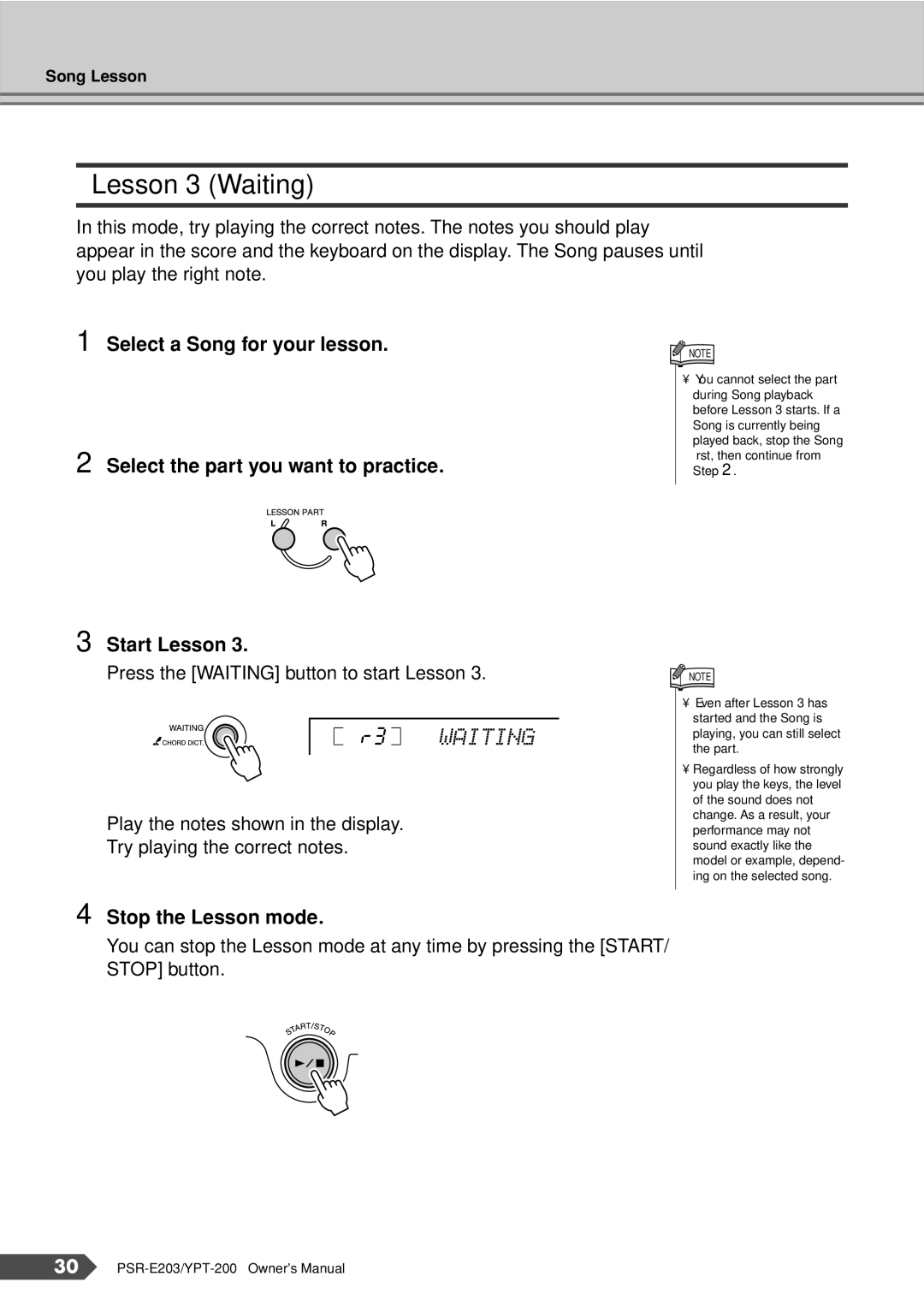 Yamaha PSR-E203, YPT-200 owner manual Lesson 3 Waiting, R3 Waiting 