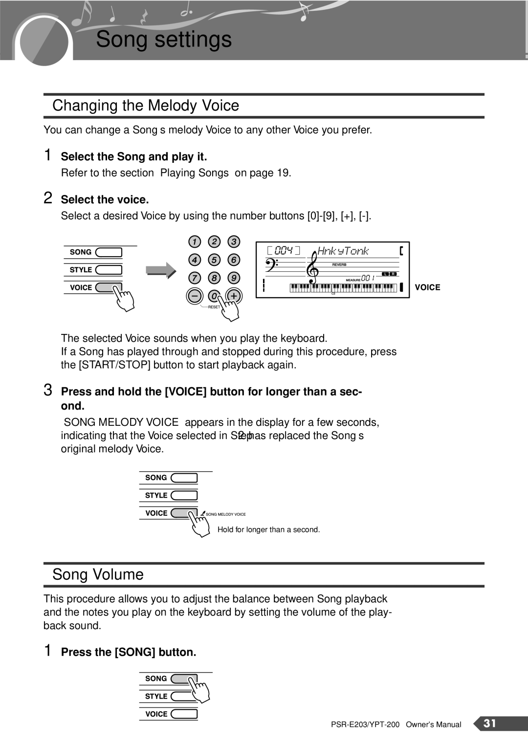 Yamaha YPT-200, PSR-E203 owner manual Song settings, Changing the Melody Voice, Song Volume 