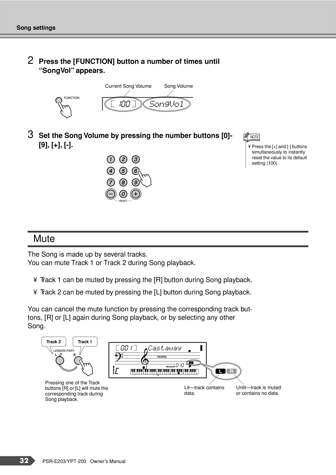 Yamaha PSR-E203, YPT-200 owner manual Mute, SongVol, Set the Song Volume by pressing the number buttons 0- 9, + 