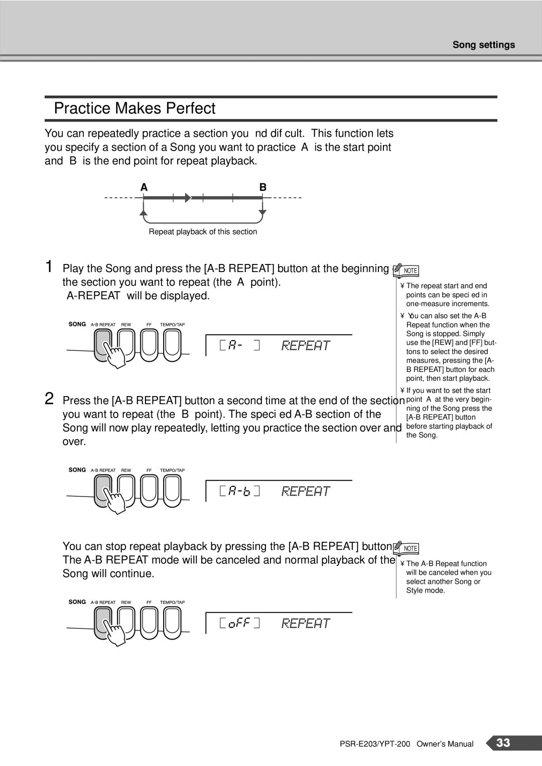 Yamaha YPT-200, PSR-E203 owner manual Practice Makes Perfect, OFF Repeat 