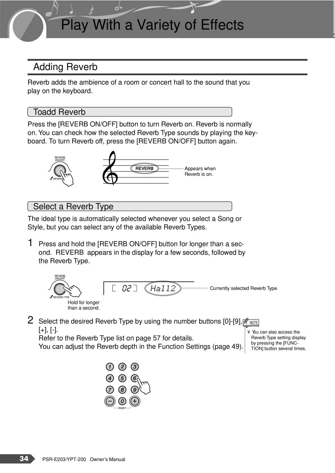 Yamaha PSR-E203, YPT-200 owner manual Play With a Variety of Effects, Adding Reverb, Hall2 