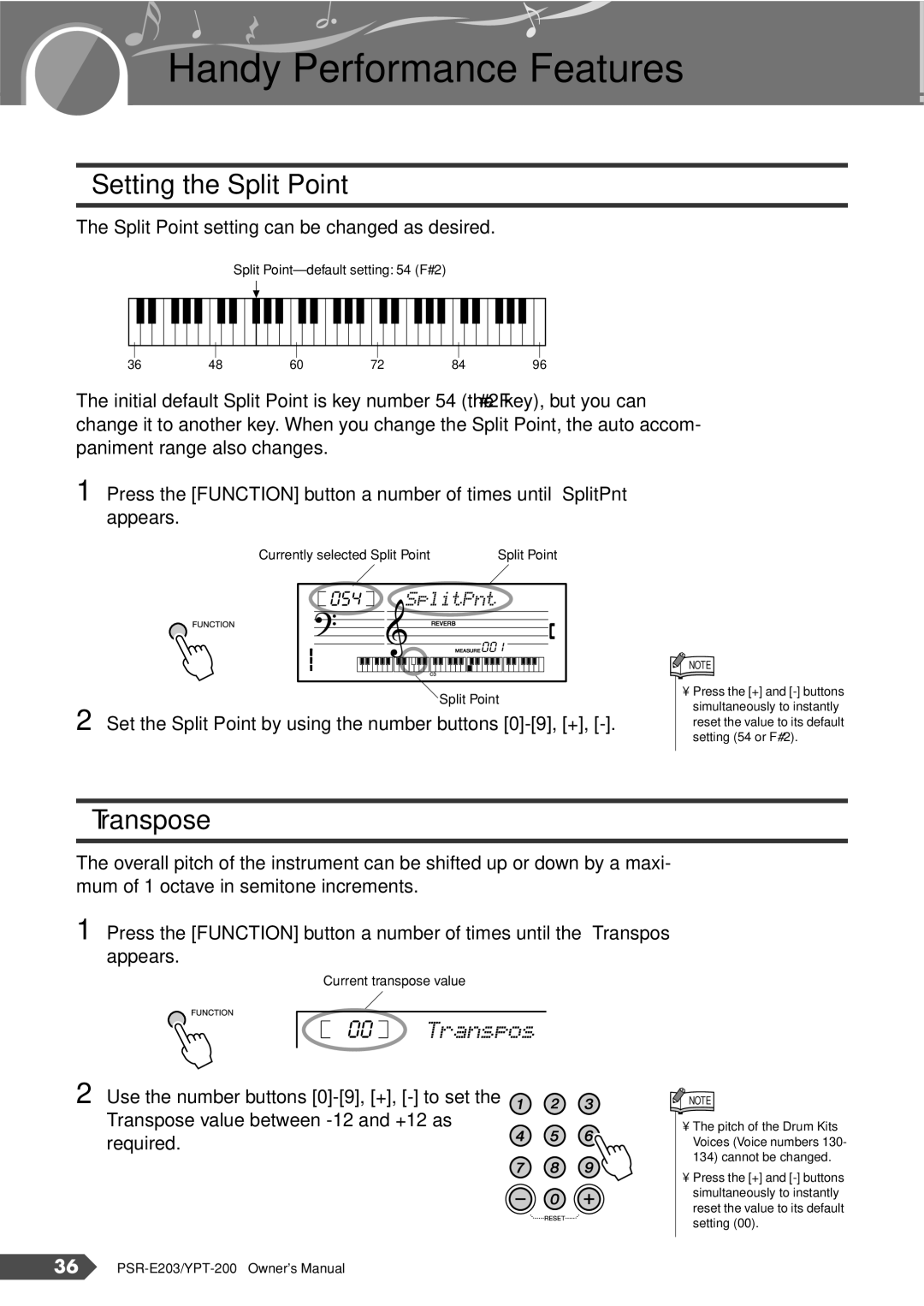 Yamaha PSR-E203, YPT-200 owner manual Handy Performance Features, Setting the Split Point, Transpose 