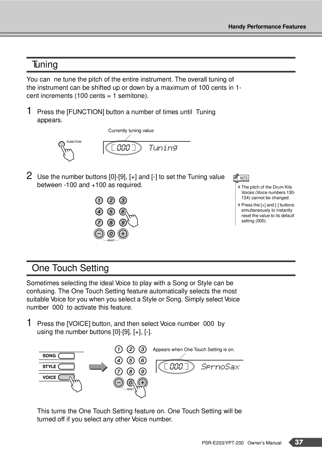 Yamaha YPT-200, PSR-E203 owner manual Tuning, One Touch Setting, SprnoSax 