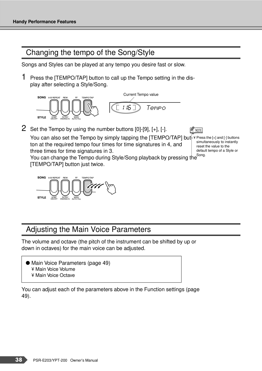 Yamaha PSR-E203, YPT-200 owner manual Changing the tempo of the Song/Style, Adjusting the Main Voice Parameters 