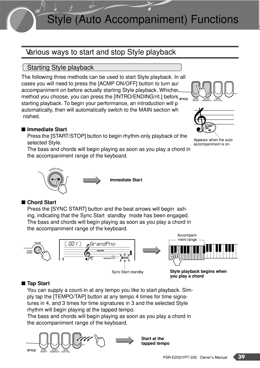 Yamaha YPT-200, PSR-E203 owner manual Style Auto Accompaniment Functions, Various ways to start and stop Style playback 