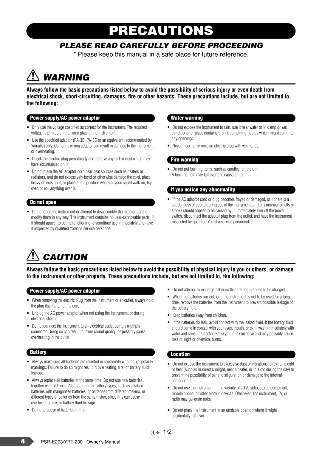 Yamaha PSR-E203, YPT-200 owner manual Precautions 