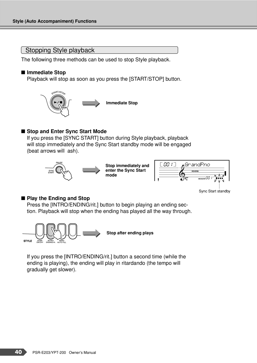 Yamaha PSR-E203, YPT-200 owner manual Stopping Style playback 