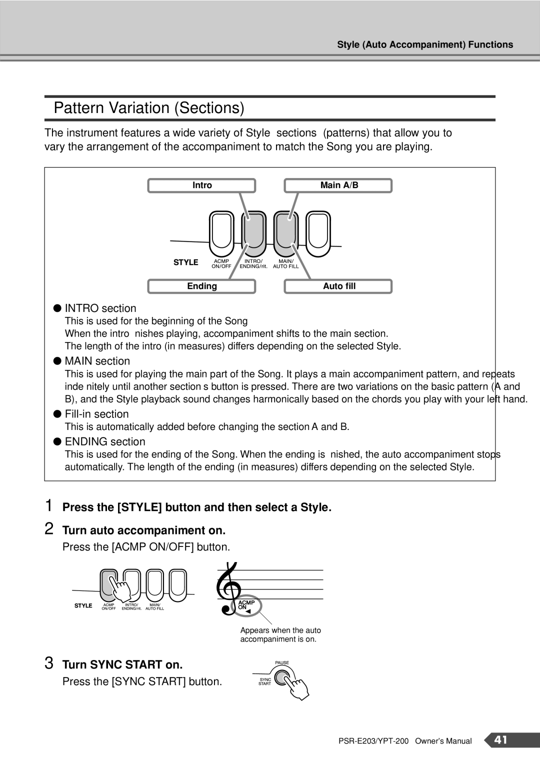 Yamaha YPT-200, PSR-E203 owner manual Pattern Variation Sections, Turn Sync Start on 