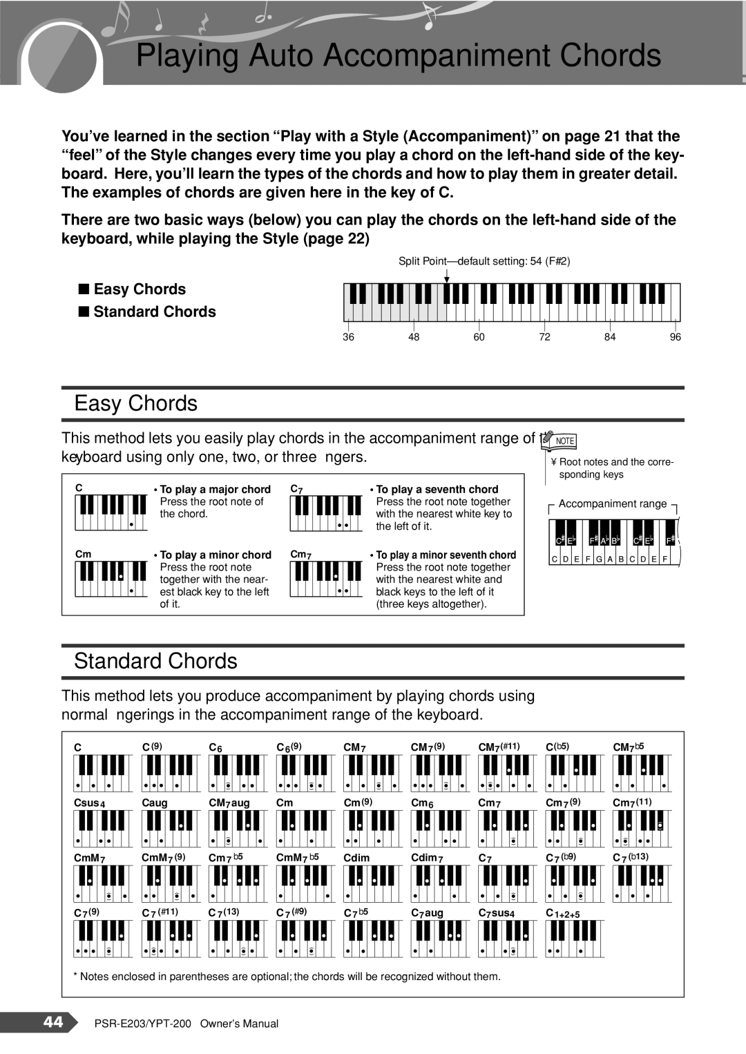 Yamaha PSR-E203, YPT-200 owner manual Playing Auto Accompaniment Chords, Easy Chords, Standard Chords 