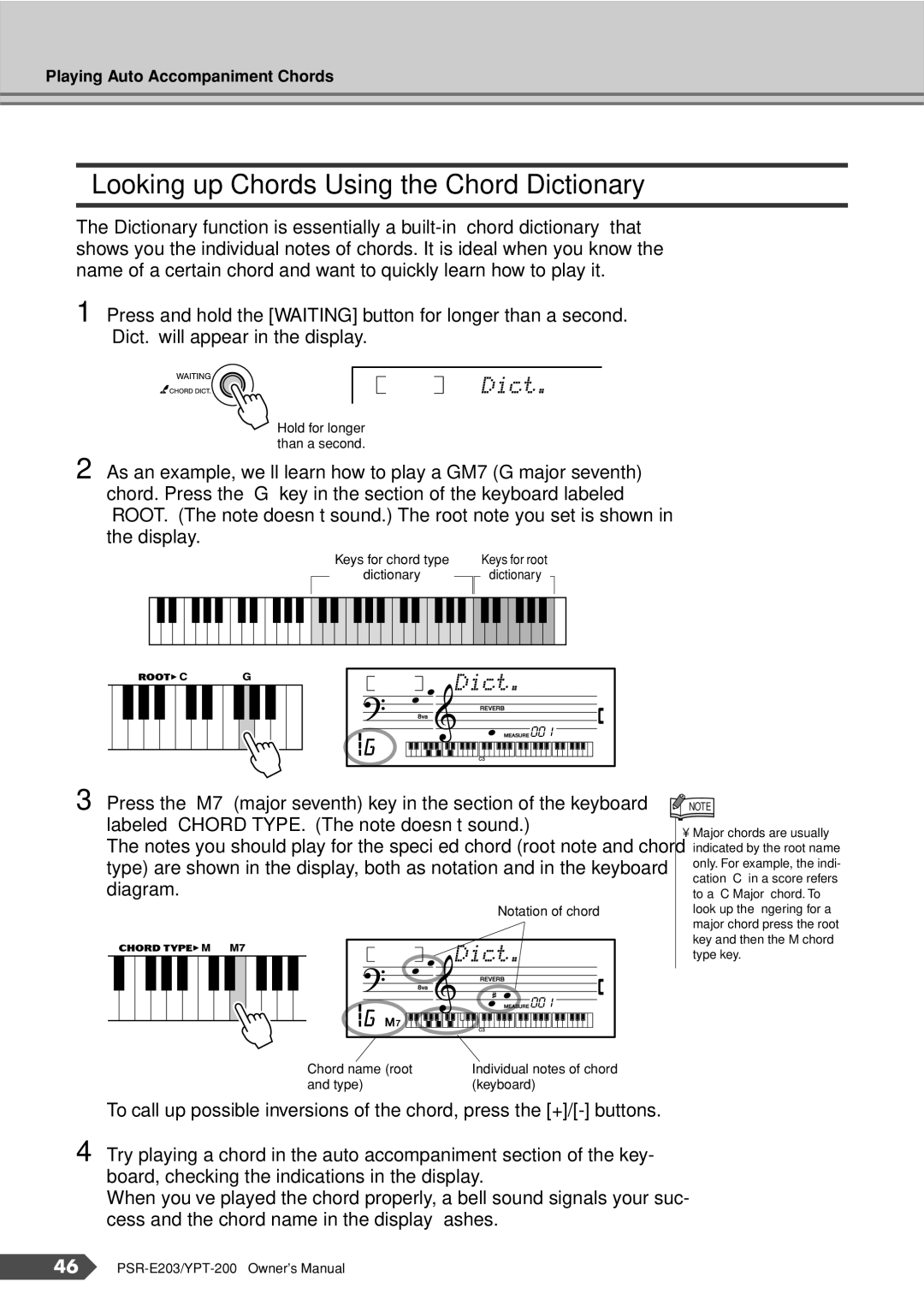 Yamaha PSR-E203, YPT-200 owner manual Looking up Chords Using the Chord Dictionary 