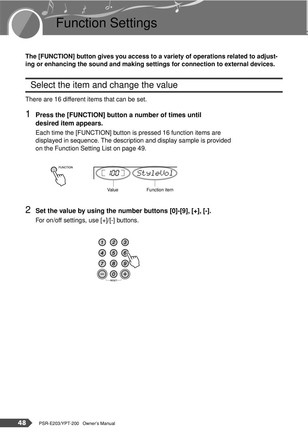 Yamaha PSR-E203 Function Settings, Select the item and change the value, Set the value by using the number buttons 0-9, + 