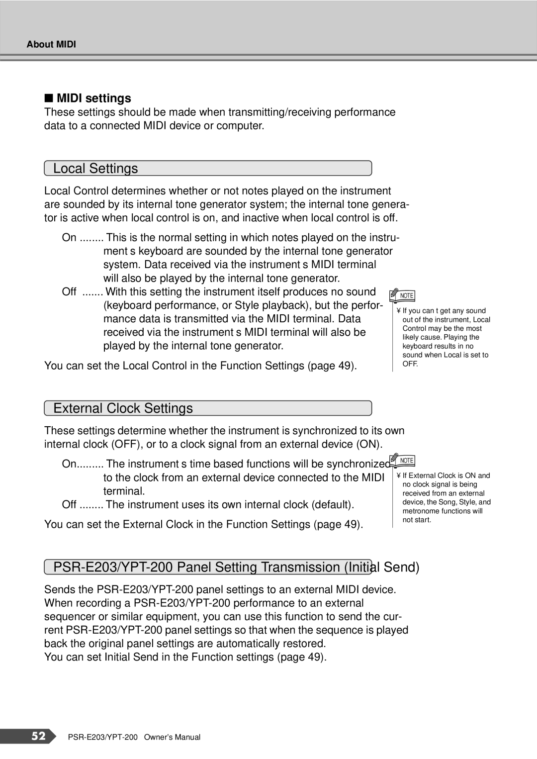 Yamaha PSR-E203, YPT-200 owner manual Local Settings, Midi settings 