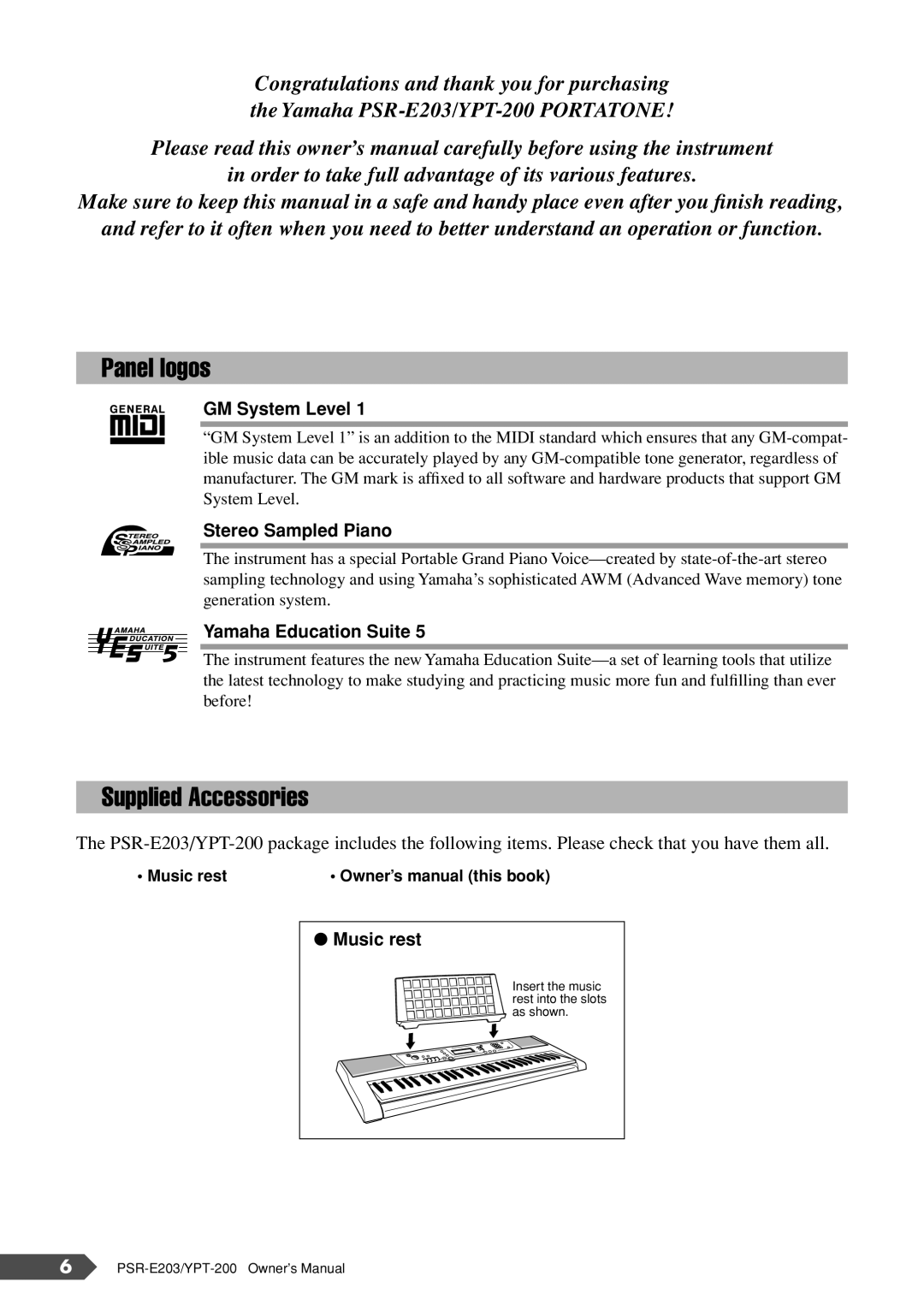 Yamaha PSR-E203, YPT-200 owner manual Panel logos, Supplied Accessories 