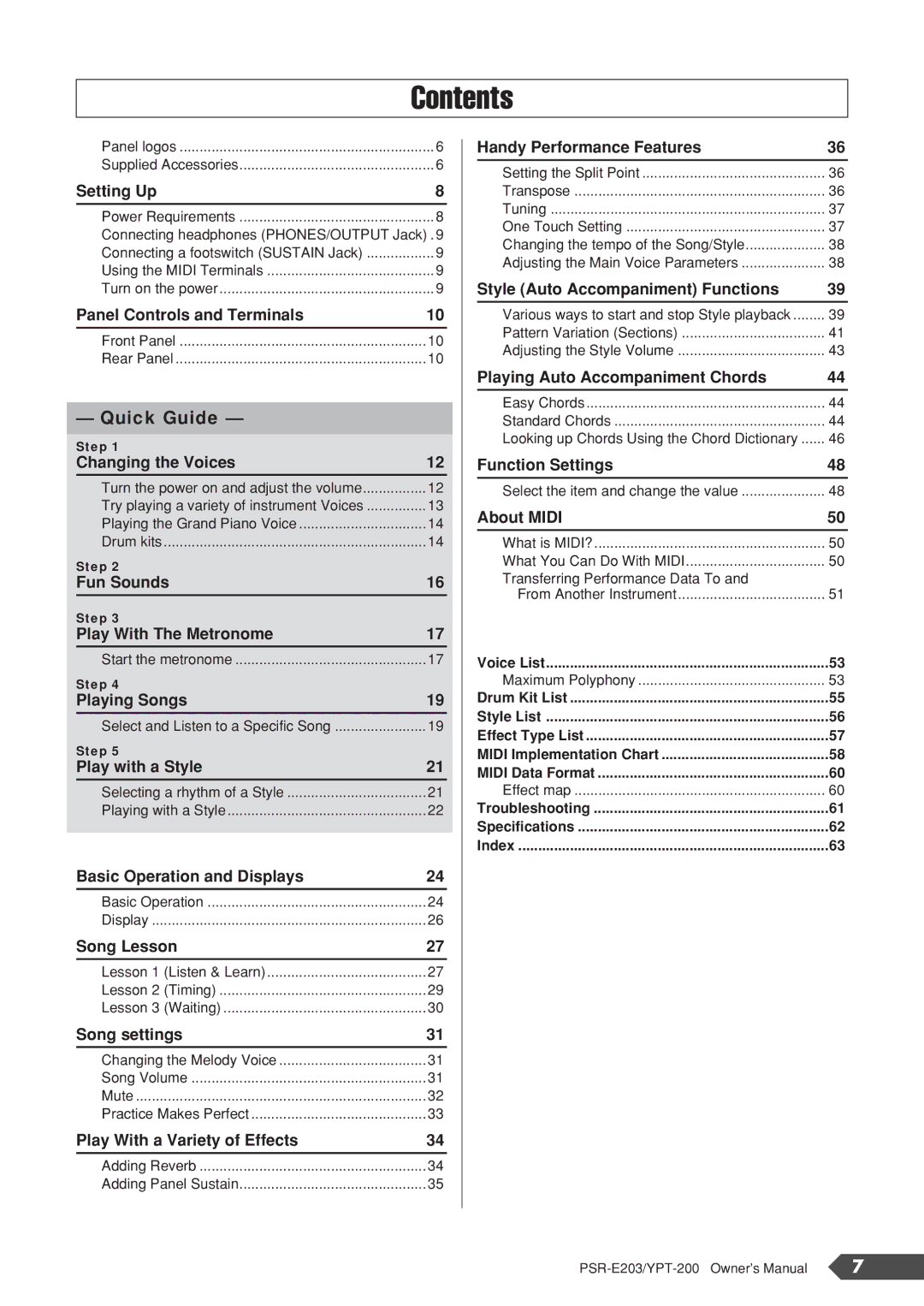 Yamaha YPT-200, PSR-E203 owner manual Contents 